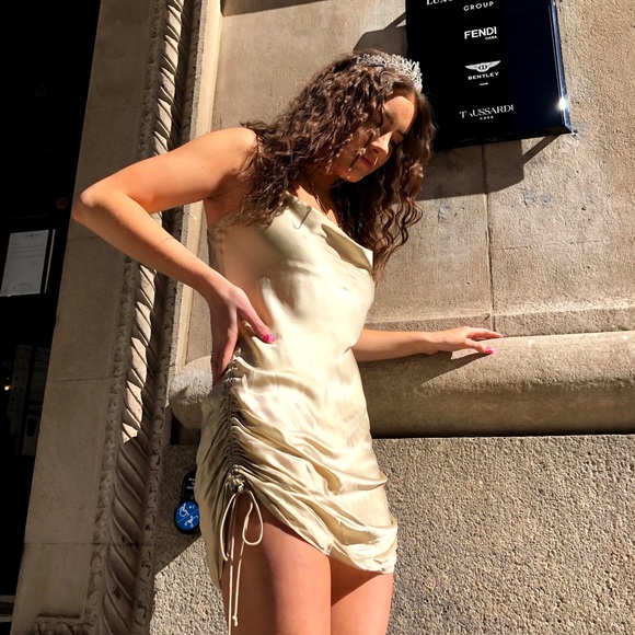 Aritzia Silk Gold Dress - WORN ONCE - Adjustable length with draw strings - Picture 3 of 4